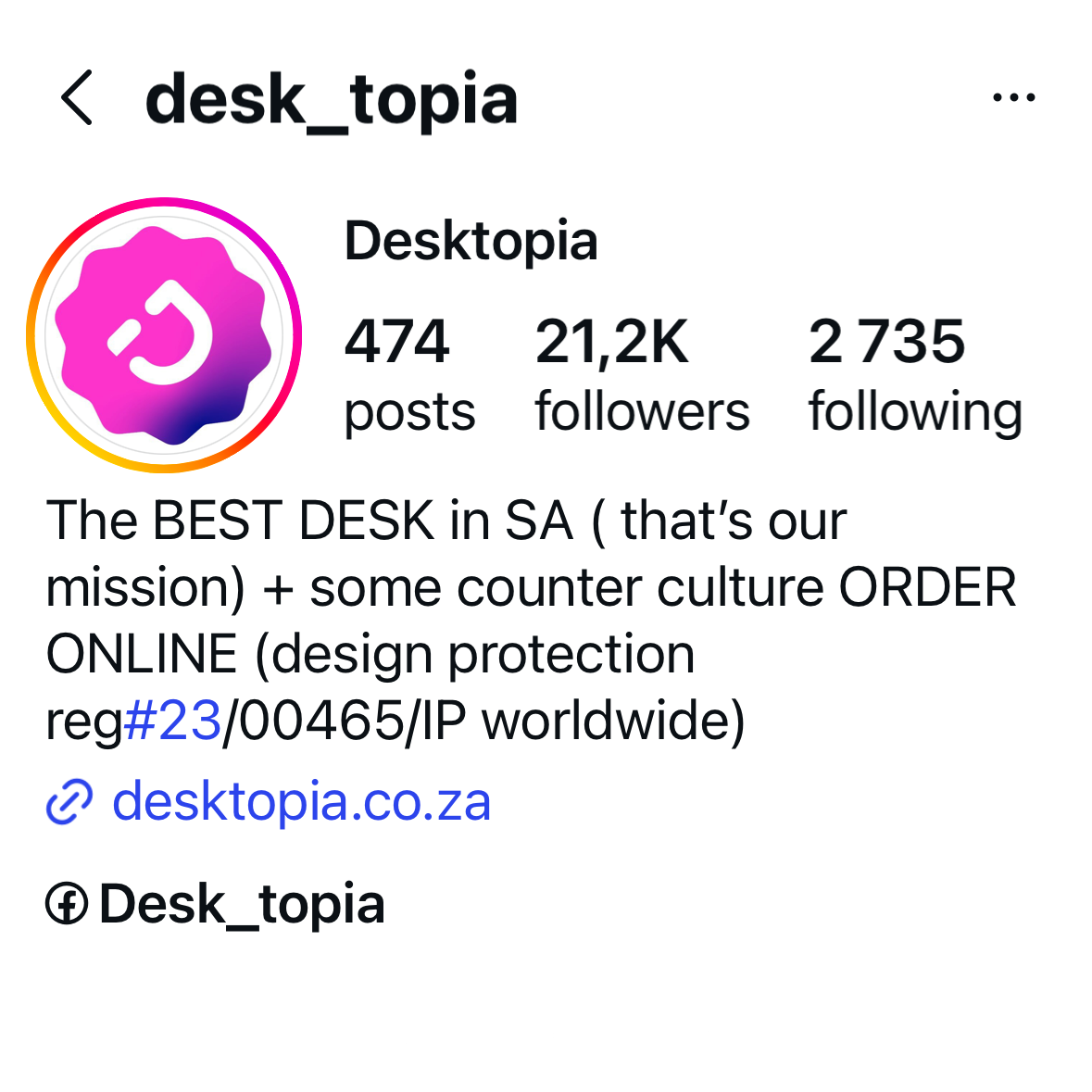 Instagram profile of 'desk_topia' with profile picture, number of posts, followers, and following.